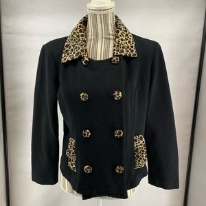 Jennifer Jeffries Black Leopard Trim Double Breasted Cardigan Size 8 A1CONDITION
